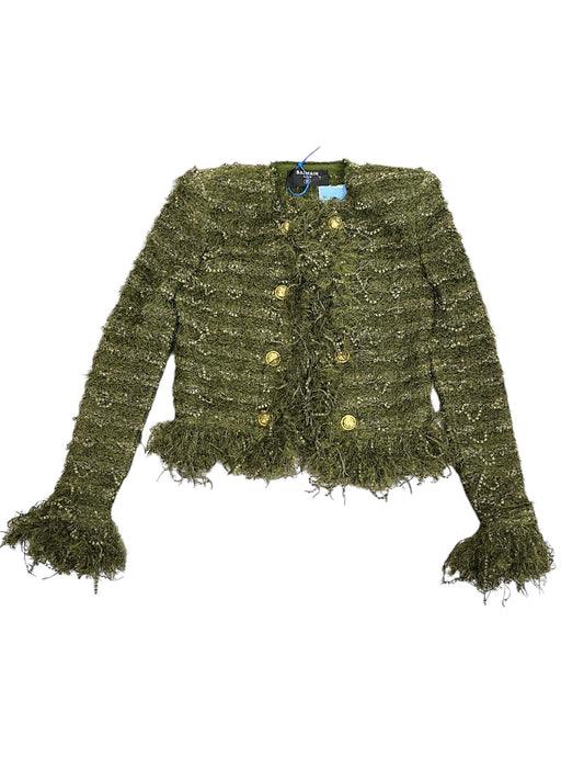 Blazer Luxury Designer By Balmain In Green, Size:M