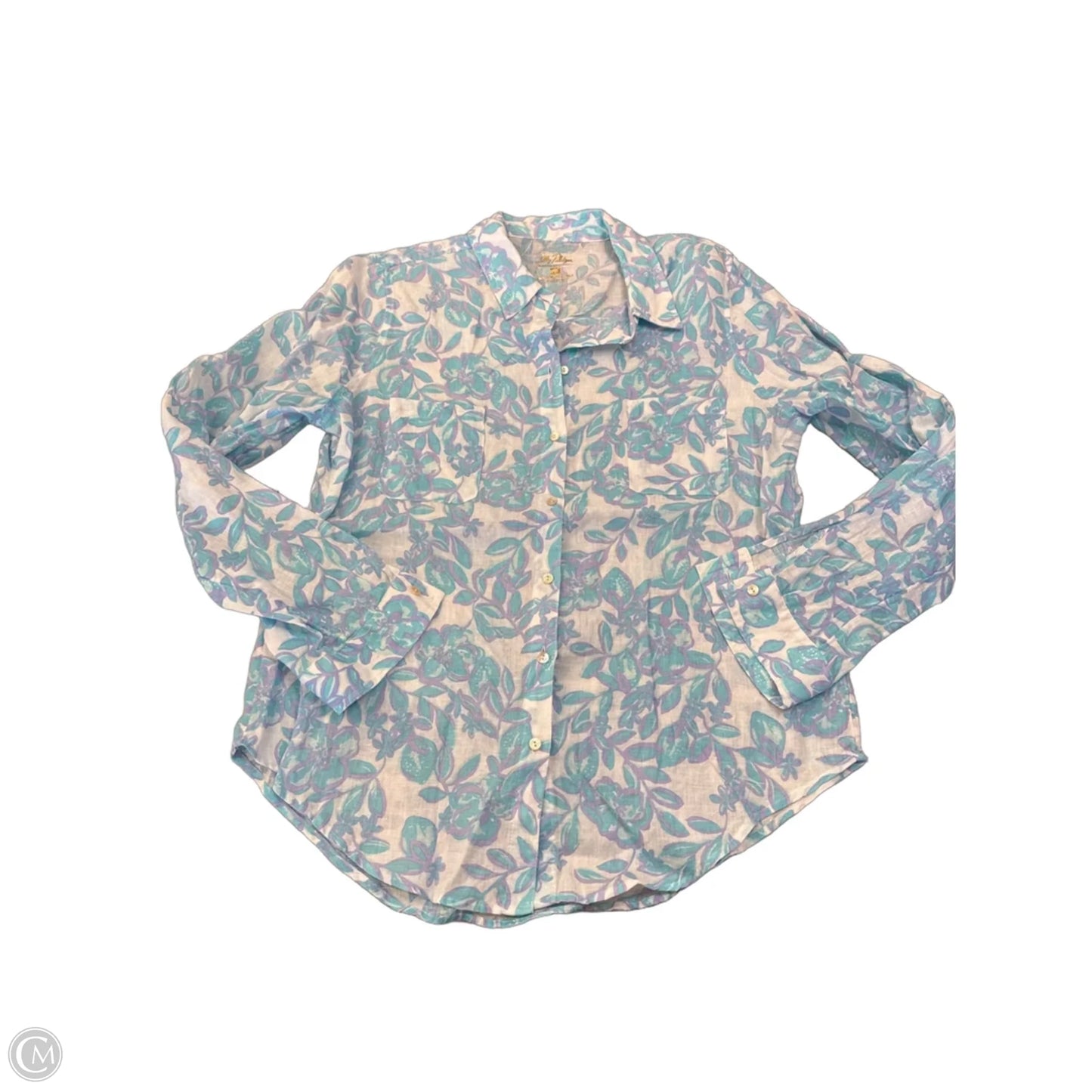 Top Long Sleeve Designer By Lilly Pulitzer In Blue & White, Size: M