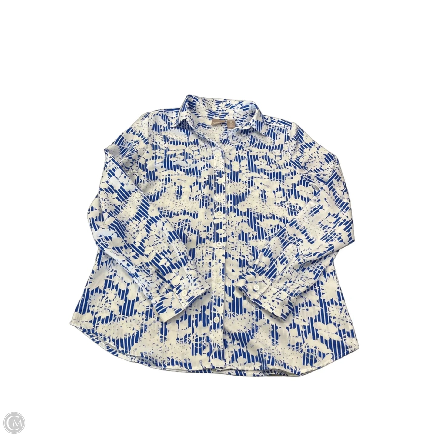 Blouse Long Sleeve By Chicos In Blue & White, Size: S